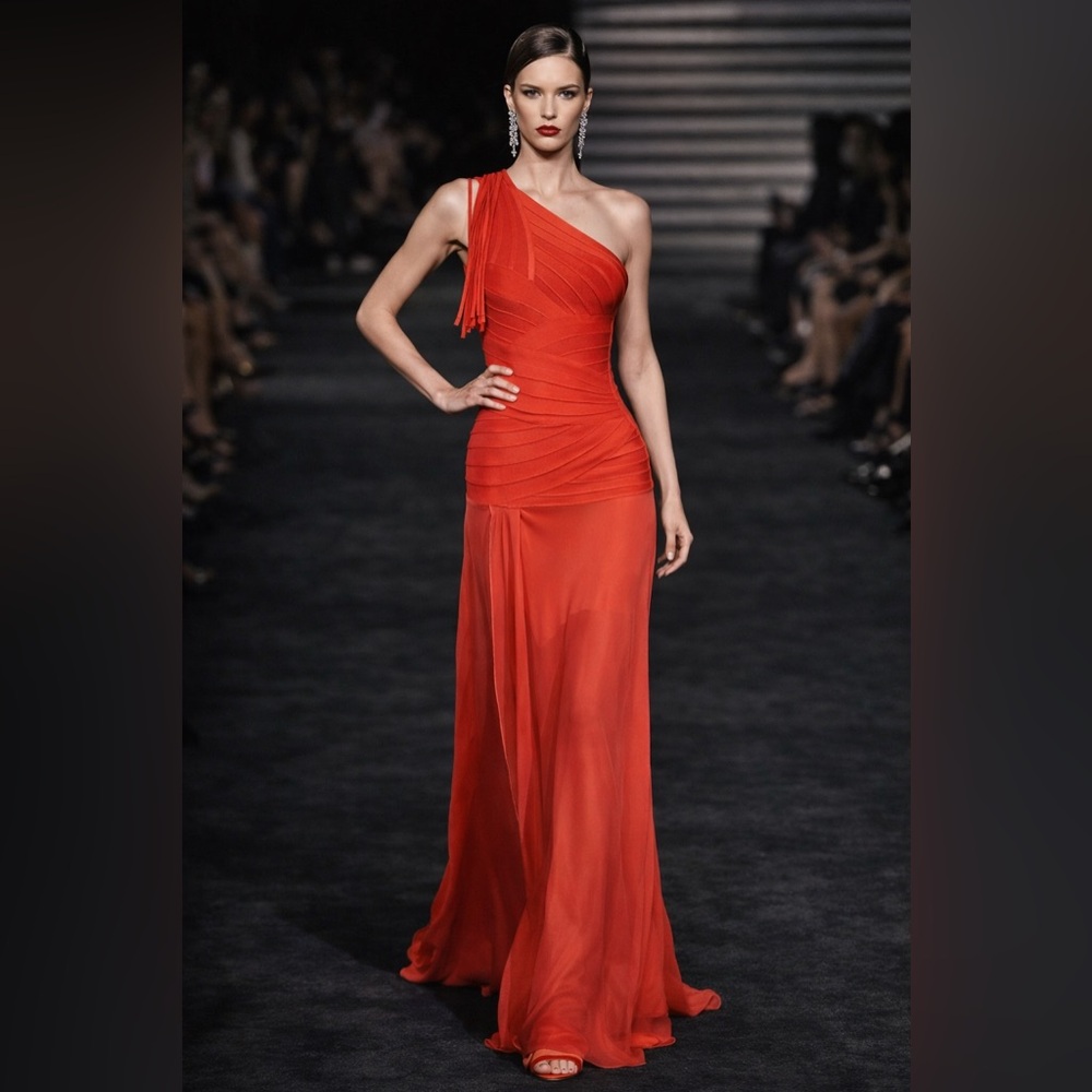 Hervé Léger One-Shoulder Rose Gown – Coral Poppy